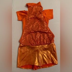 Kelle Orange Sequined Leotard Jumpsuit Jazz Lyrical Dance Costume - Medium Adult
